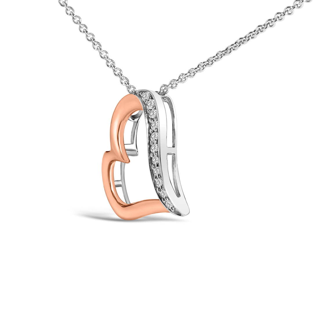 Collar con colgante de corazón abierto de plata de ley chapada en oro rosa de 14 quilates con diamantes de 0,10 quilates