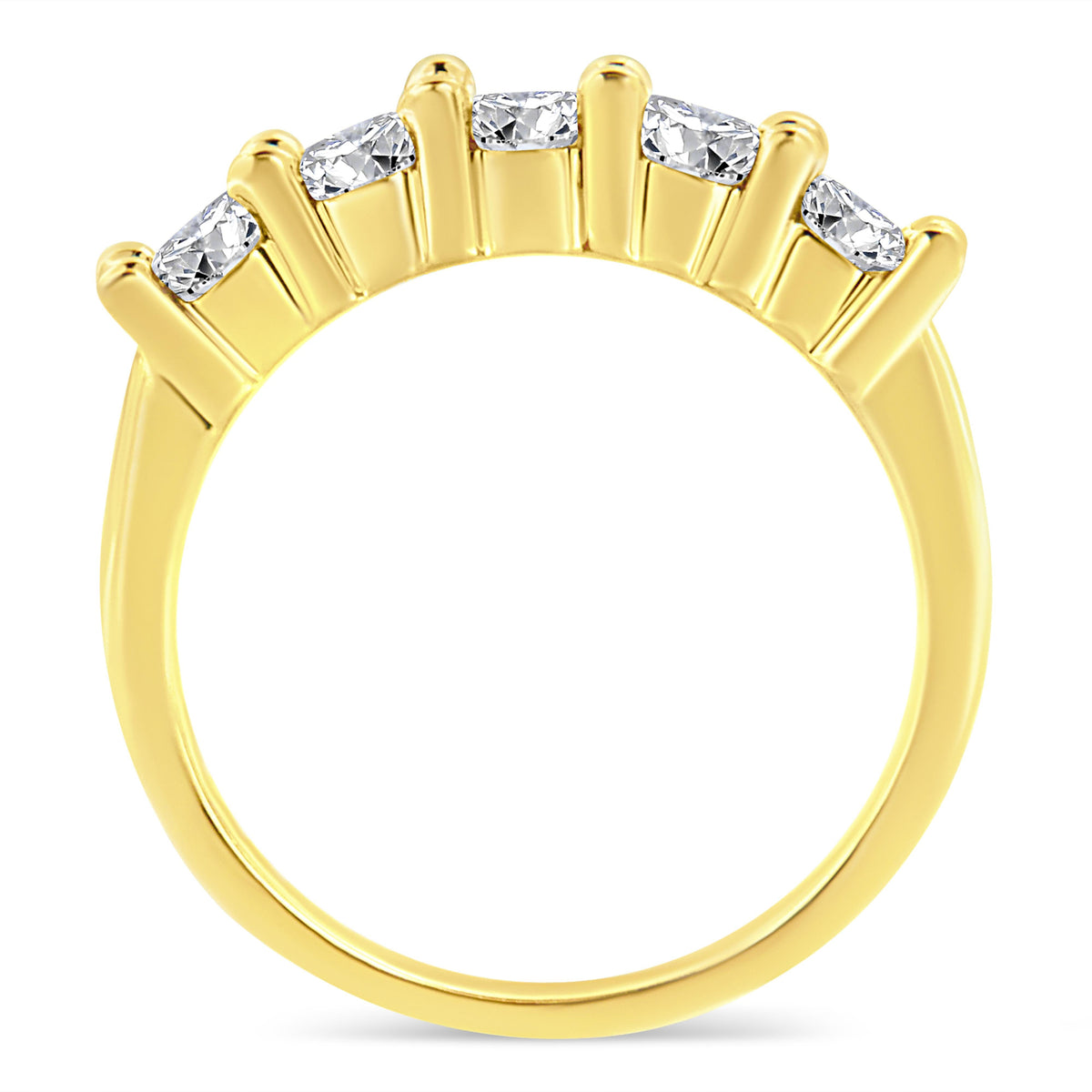 Anillo de banda de 5 piedras de plata de ley .925 chapado en oro amarillo de 14K con diamante redondo de 1.0 Cttw engarzado en garras compartidas (Color J-K, Claridad I1-I2) - Talla 7