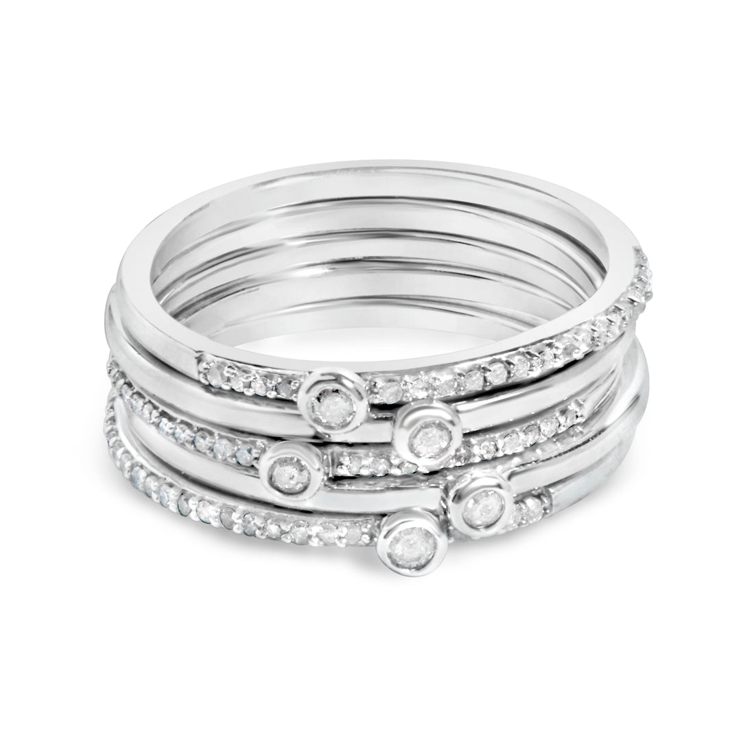 Juego de anillos apilables de plata de ley con bisel de diamante de 3/8 Cttw y engaste pavé