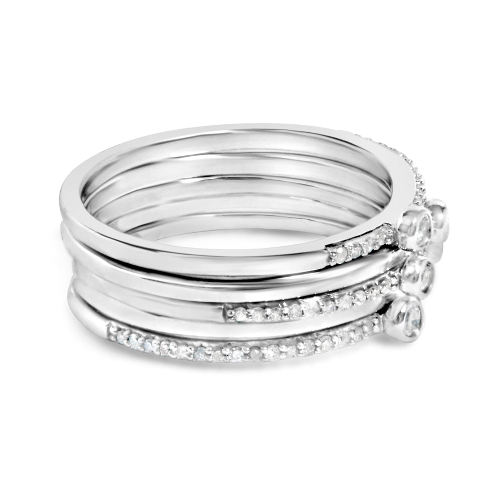 Juego de anillos apilables de plata de ley con bisel de diamante de 3/8 Cttw y engaste pavé