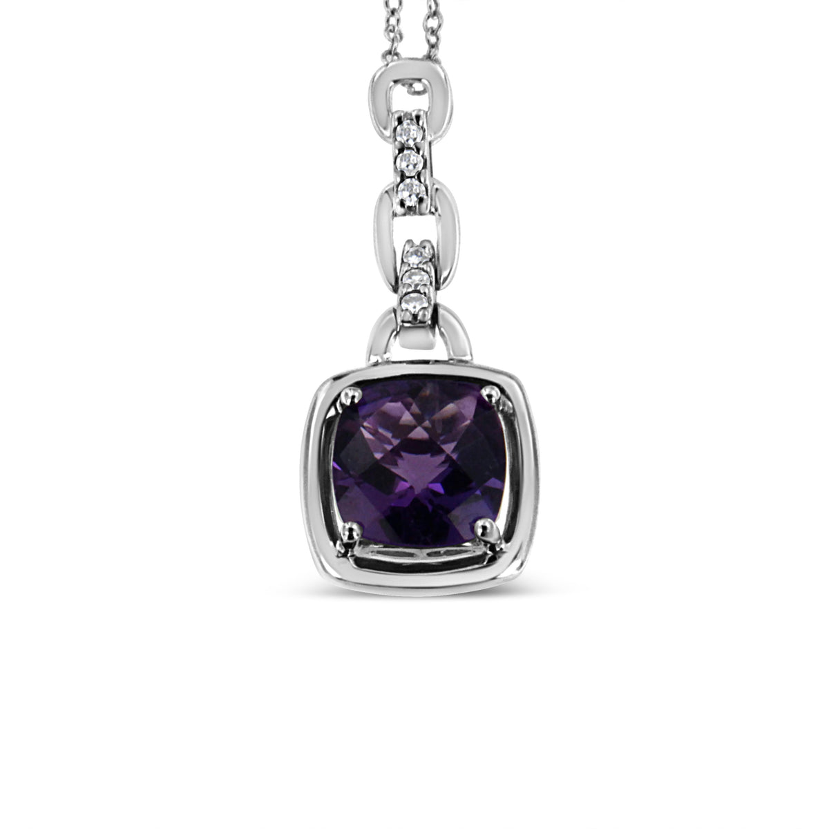 Collar con colgante de plata de ley .925 con amatista natural púrpura talla cojín de 6x6 mm y detalles de diamantes en el cierre de 18 pulgadas (color I-J, claridad I1-I2)