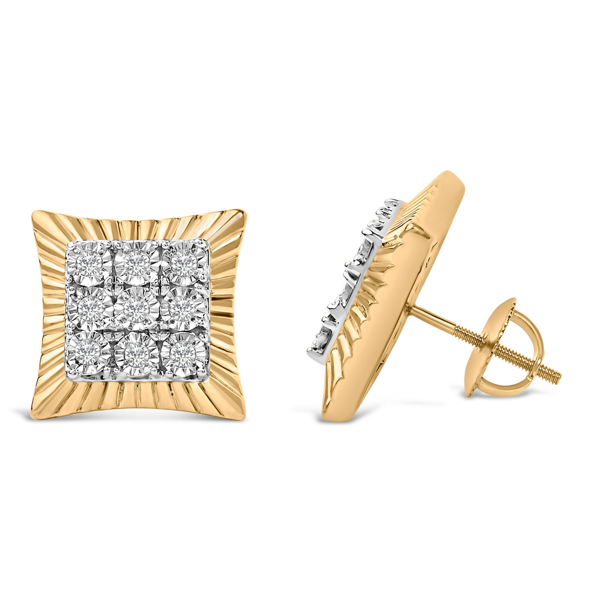 Pendientes de halo texturizados de oro amarillo de 10K chapado en plata de ley .925 con diamantes de 1/4 quilates.