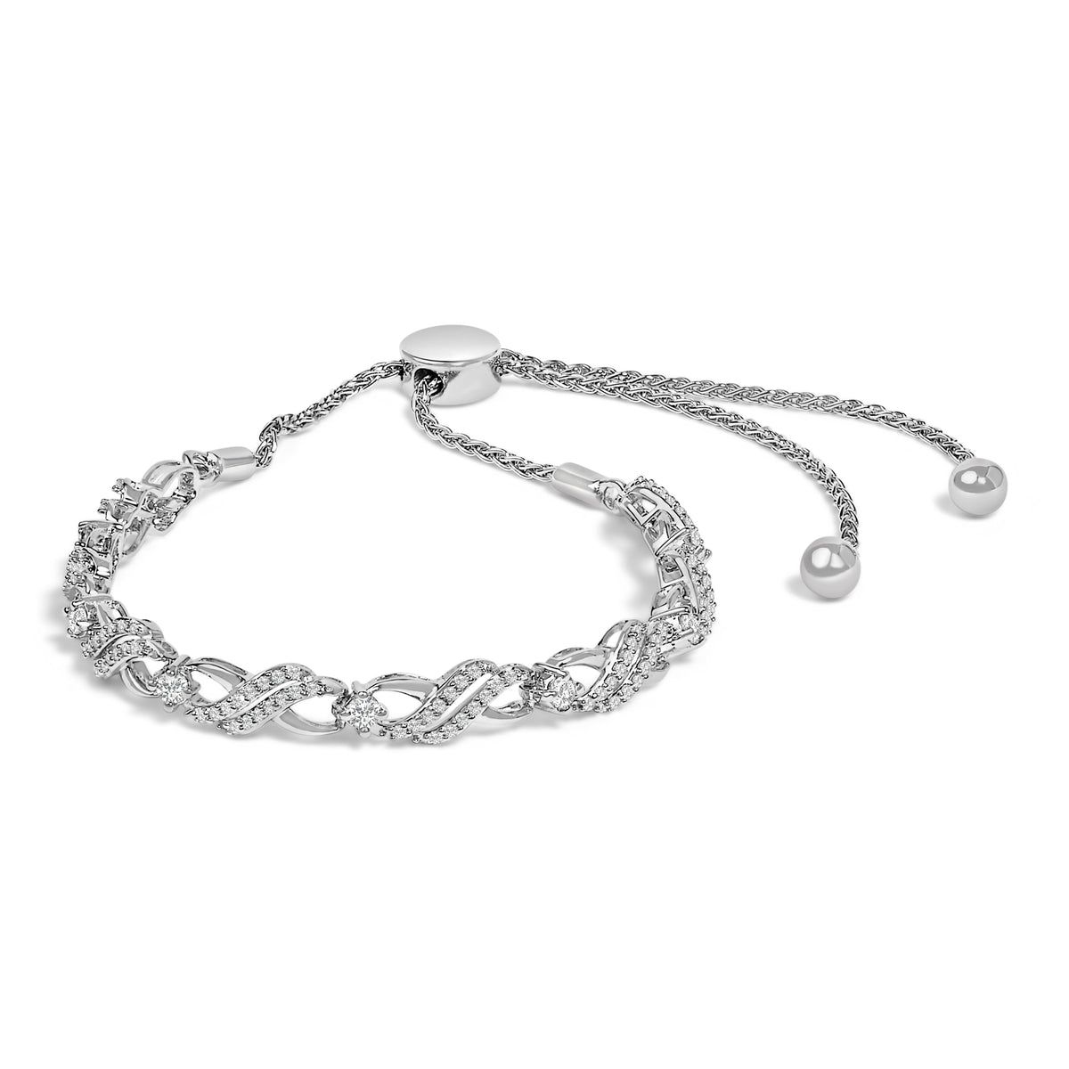 Pulsera de bolo de plata de ley .925 con diseño de ondas y estaciones de diamantes de 1/2 quilate
