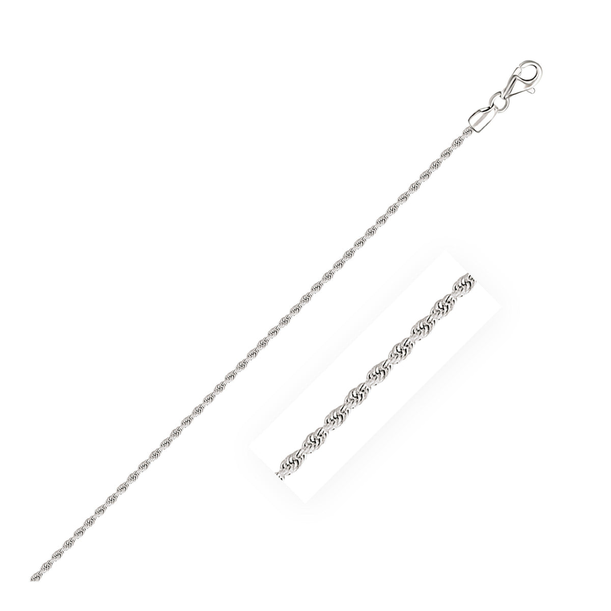 Cadena de soga de 2.0mm de oro blanco de 14k macizo con corte de diamante