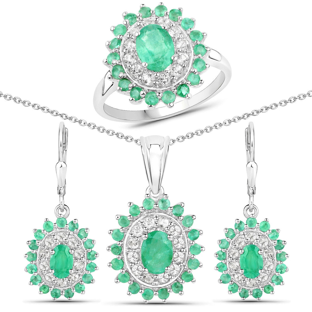 6.53 Carat Genuine Zambian Emerald and White Topaz .925 Sterling Silver 3 Piece Jewelry Set (Ring, Earrings, and Pendant w/ Chain)