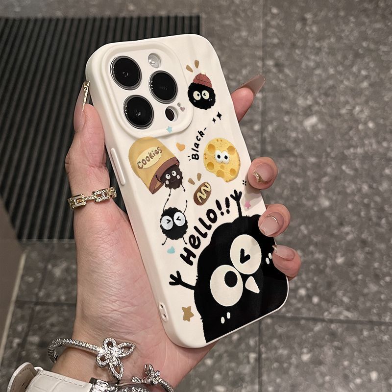 Serie de fundas para teléfono con simpáticos personajes de bolas de carbón negro