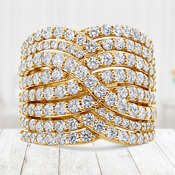 Anillo de oro amarillo de 10K con diamante de 3,0 Cttw, ocho filas, diseño envolvente, sortija llamativa (color H-I, claridad I2-I3) - Talla 7