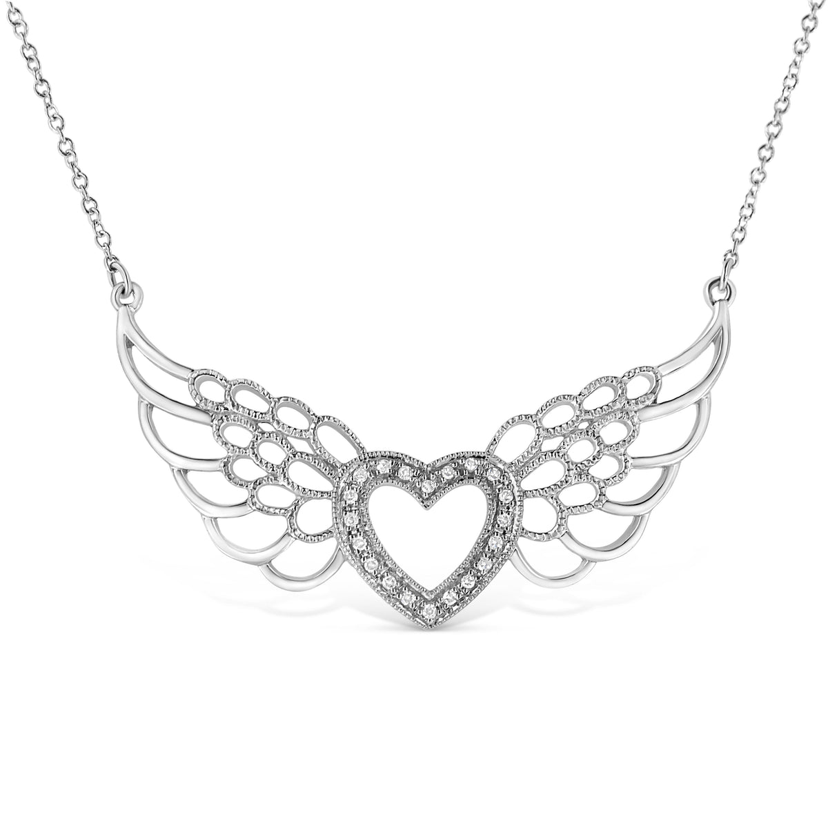 Collar con colgante de corazón y alas de hada de plata de ley .925 con detalles de diamantes pavé de 45,7 cm (color I-J, claridad I1-I2)