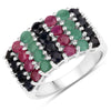 Anillo de Plata Fina .925 con Esmeralda, Rubí y Zafiro Negro Genuinos de 3.40 Quilates