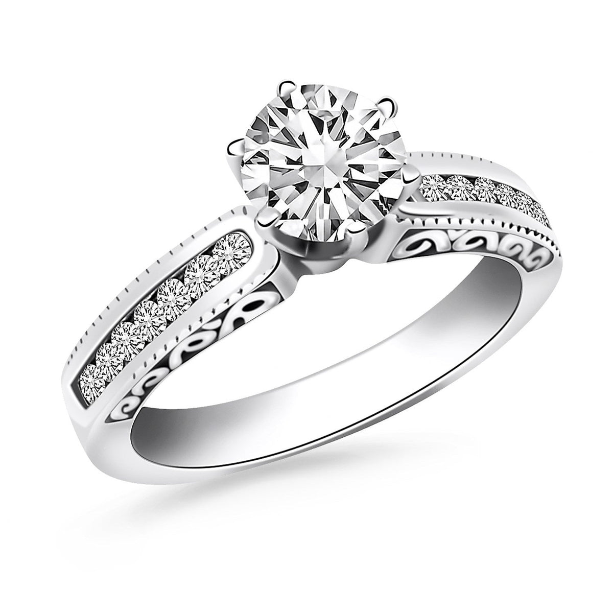 Anillo de compromiso en oro blanco de 14k con engaste de canal y laterales grabados