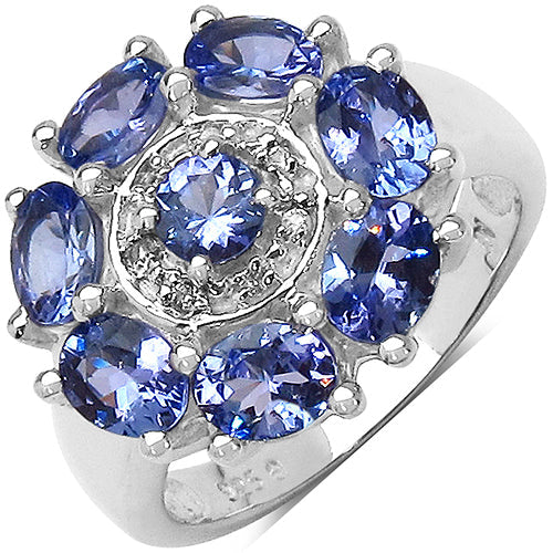 Anillo de Plata de Ley .925 con Tanzanita Genuina de 2.58 Quilates y Topacio Blanco