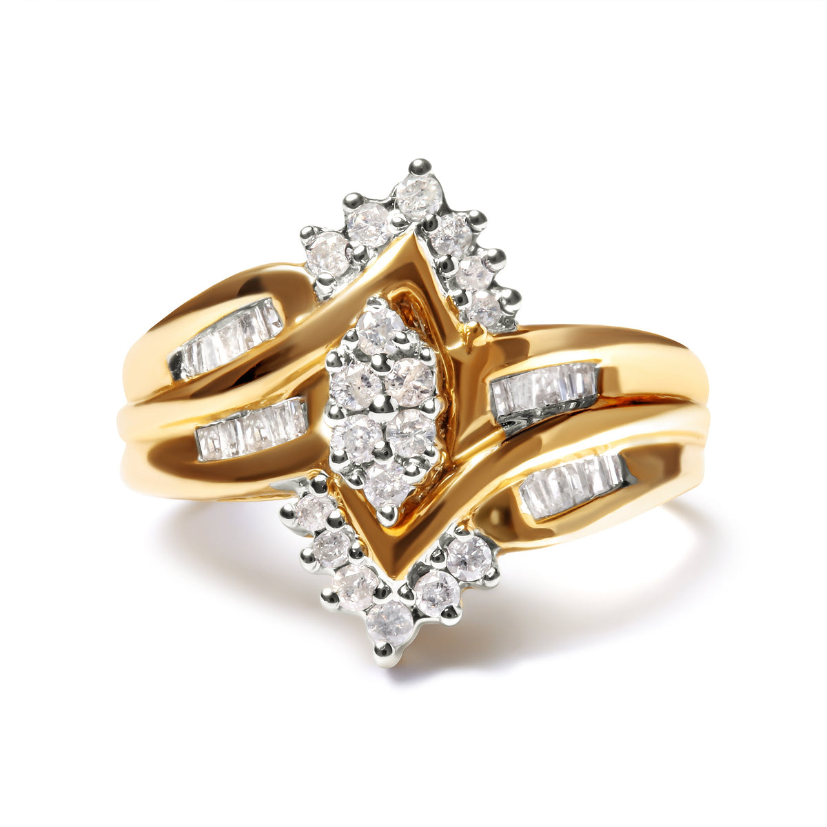 Anillo de 10K bicolor con diamante compuesto de talla redonda y baguette de 1/2 quilate en forma de pera (color H-I, claridad I2-I3) - Talla 7