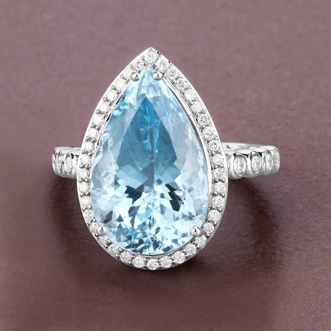 Anillo de oro blanco de 14K con aguamarina genuina de 13,42 quilates y diamantes blancos