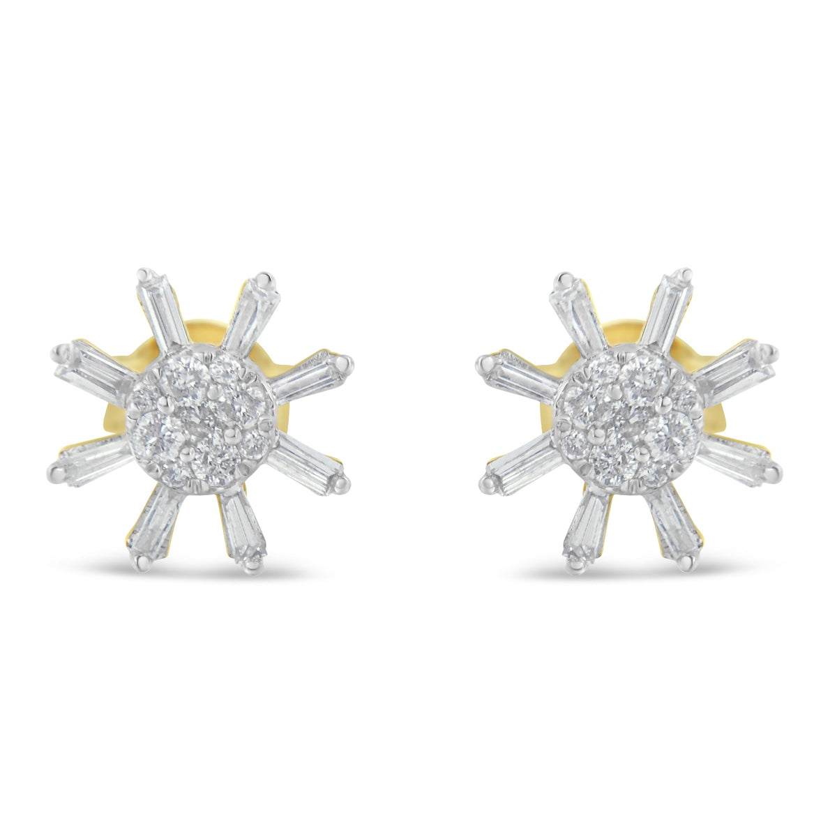 Arete de oro amarillo de 10 kt con diamantes redondos y baguette (0,50 quilates en total, color H-I, claridad I2-I3)