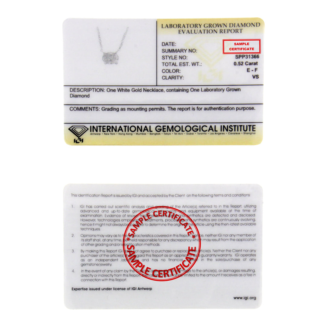 Collar con colgante de 18" de oro blanco de 14k con diamante solitario ovalado cultivado en laboratorio de 1/2 quilate de peso total, orientación este-oeste, certificado por IGI (color E-F, claridad VS1-VS2)