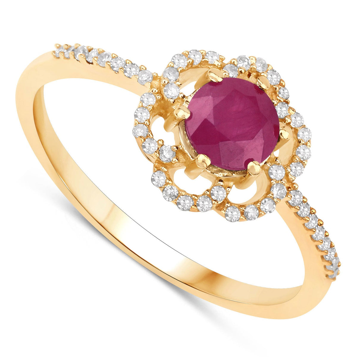 Anillo de oro amarillo de 14K con rubí genuino de 0,68 quilates y diamantes blancos