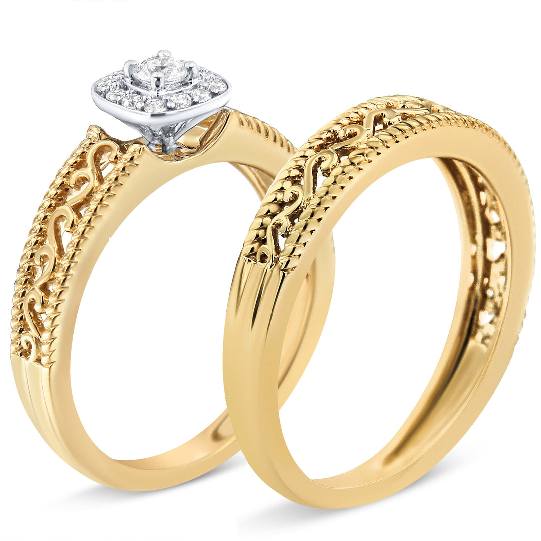 Juego de anillos de compromiso de oro amarillo de 14 quilates con baño de plata esterlina .925, halo de diamante de 1/5 quilates y acabado milgrain (color I-J, claridad I3) - Talla 7
