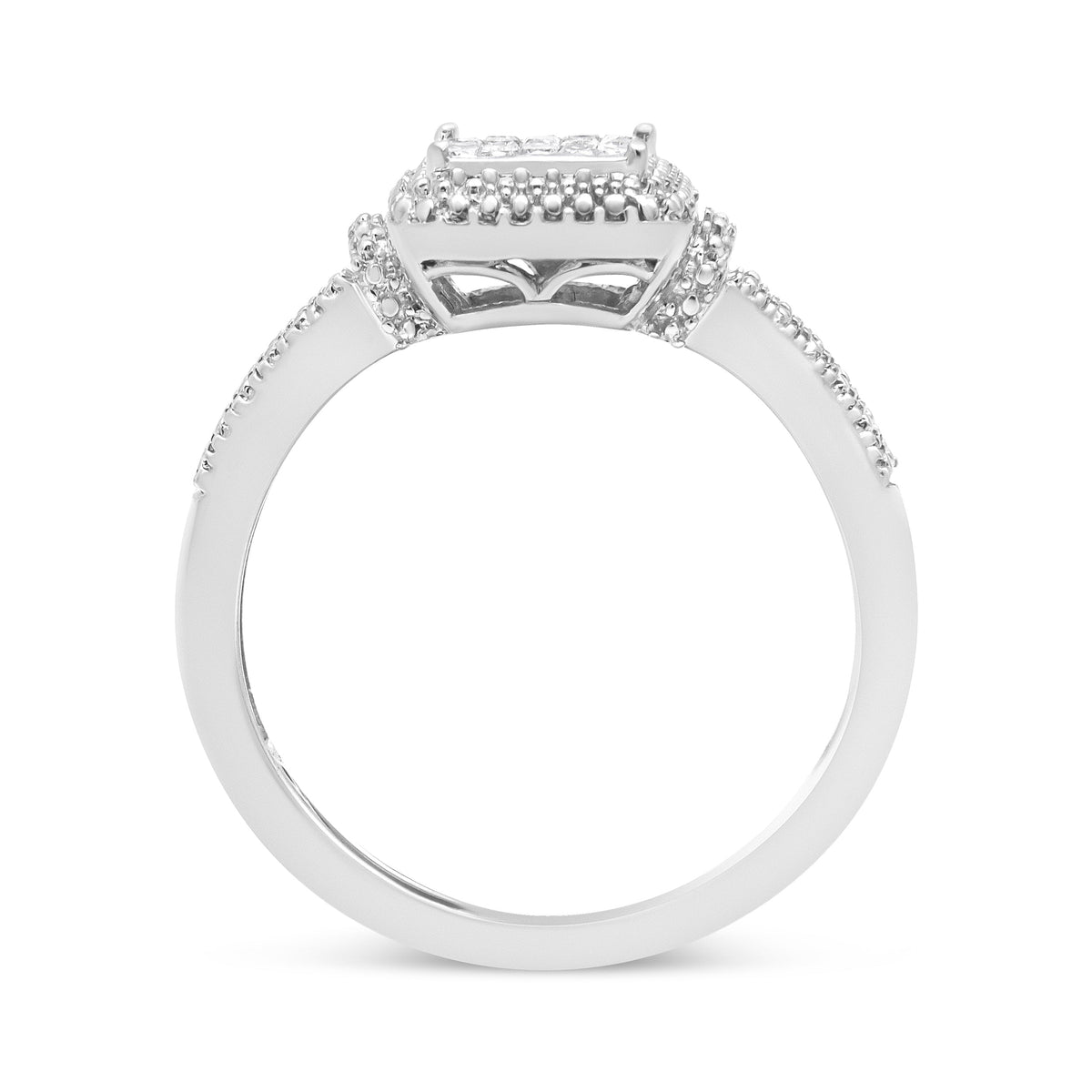 Anillo de plata de ley .925 con diamante de talla princesa de 1/4 Cttw y halo de cuentas (color H-I, claridad SI1-SI2) - Talla 7
