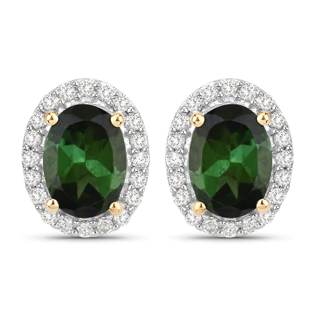 1.92 Carat Genuine Green Tourmaline and White Diamond 14K Yellow Gold Earrings