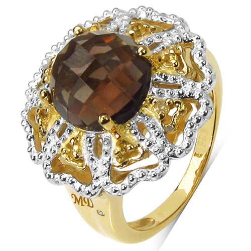 Anillo de plata de ley .925 con baño de oro amarillo de 14 quilates, cuarzo ahumado genuino de 3.23 quilates, citrino y diamante blanco