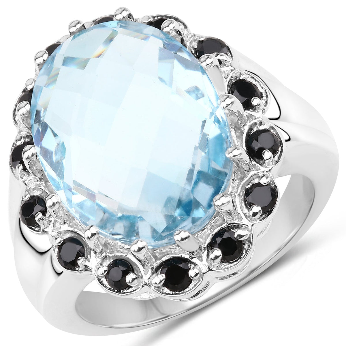 Anillo de plata de ley .925 con topacio azul genuino de 12.49 quilates y espinela negra