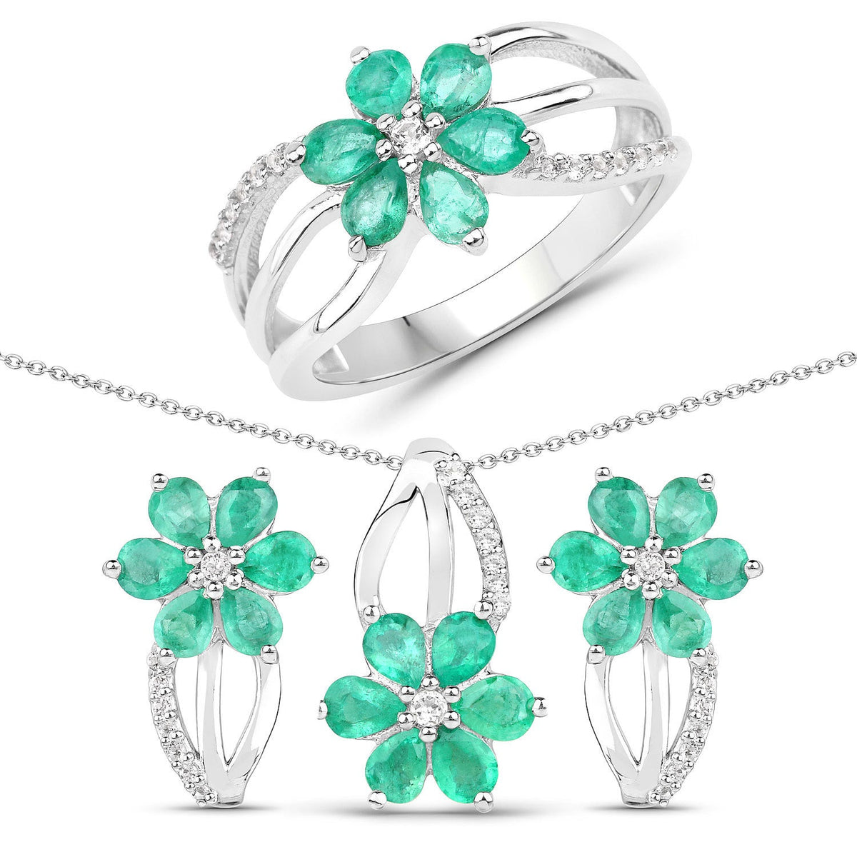 Set de 3,61 quilates de esmeralda auténtica y topacio blanco en plata de ley .925 (anillo, pendientes y colgante)