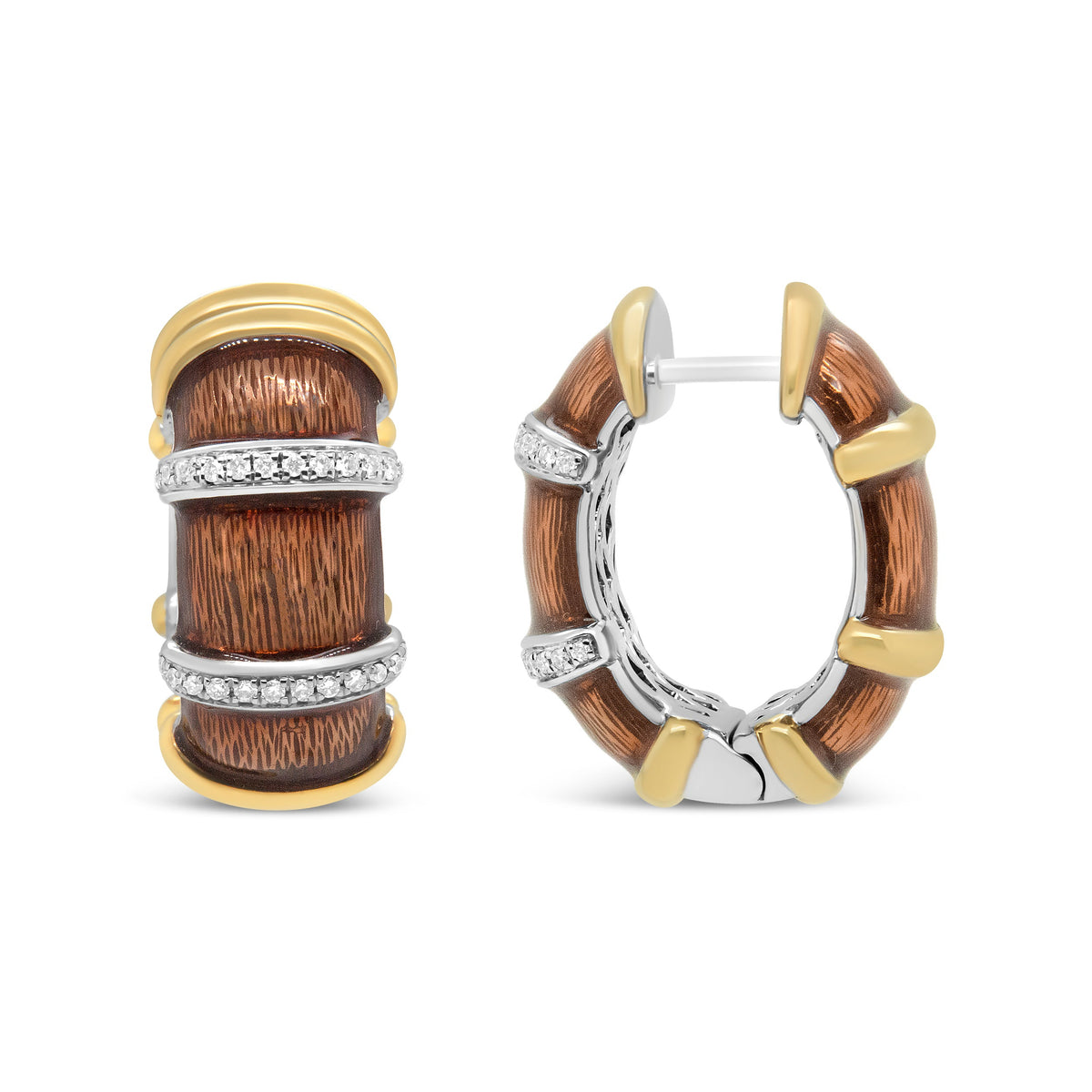 Pendientes de aro Huggie de plata de ley .925 con baño de oro amarillo y blanco de 18 quilates, esmalte marrón transparente y diamantes redondos de 9/10 Cttw (color F-G, claridad VS1-VS2)