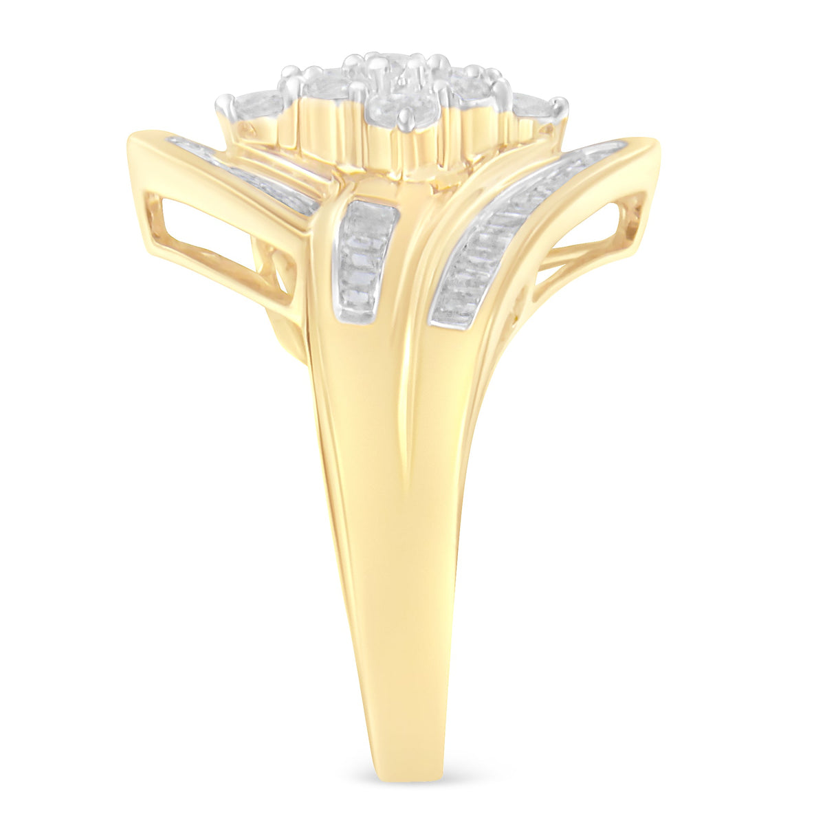 Anillo con racimo de diamantes tipo "bypass" de oro amarillo de 10 quilates (1 Cttw, color I-J, claridad I2-I3) - Talla 7