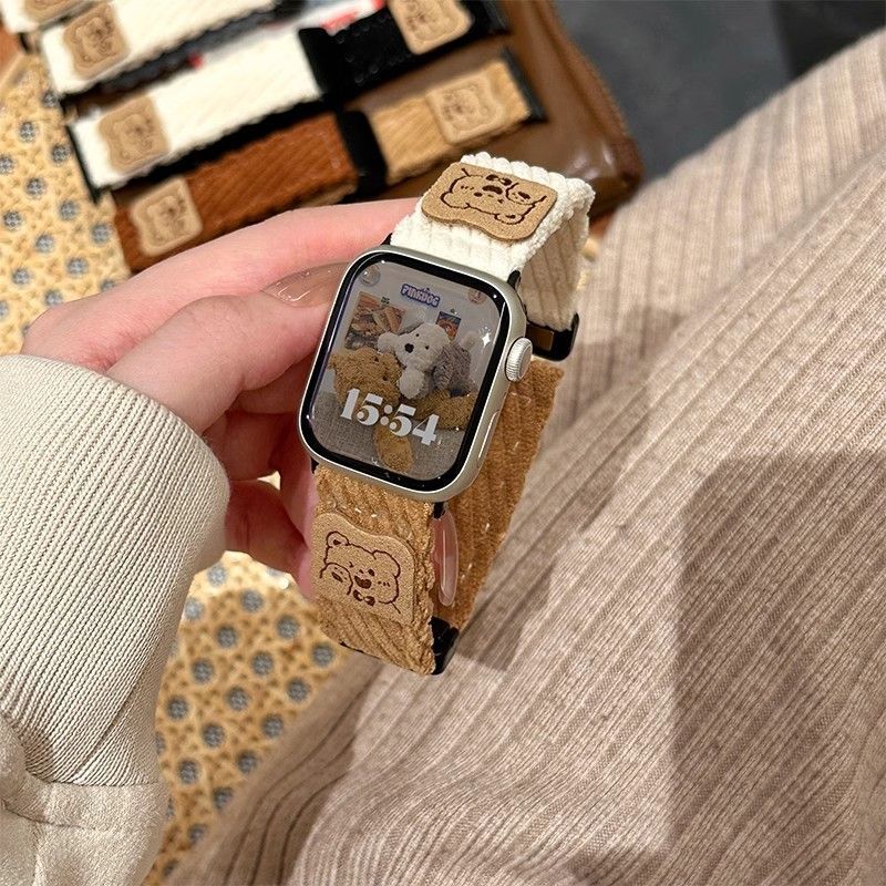 Correa de pana retro de velcro con oso para Apple Watch