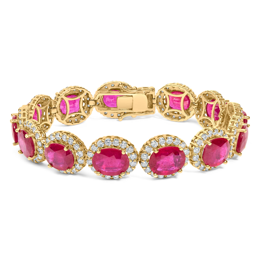 Pulsera de eslabones de oro amarillo de 14 quilates con halo de rubí rojo ovalado de 34,0 Cttw y diamantes de 6 2/5 Cttw (color I-J, claridad SI1-SI2) - 7,25 pulgadas