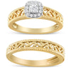 Juego de anillos de compromiso de oro amarillo de 14 quilates con baño de plata esterlina .925, halo de diamante de 1/5 quilates y acabado milgrain (color I-J, claridad I3) - Talla 7