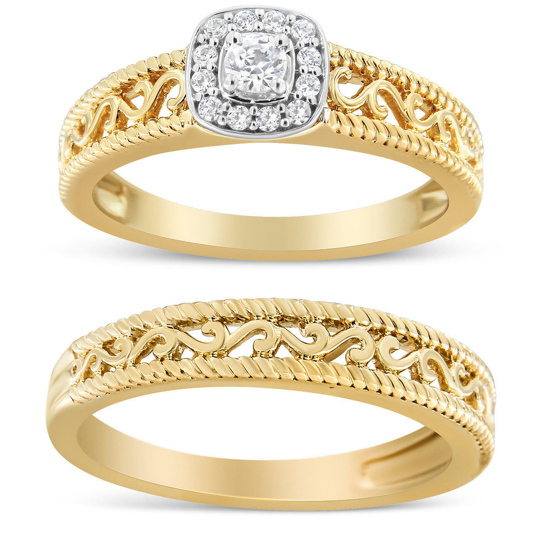 Juego de anillos de compromiso de oro amarillo de 14 quilates con baño de plata esterlina .925, halo de diamante de 1/5 quilates y acabado milgrain (color I-J, claridad I3) - Talla 7
