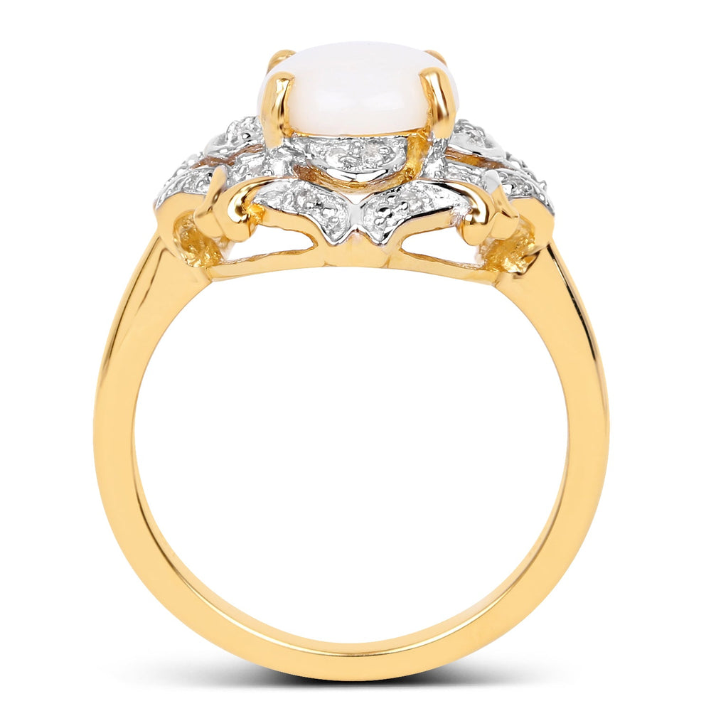 Anillo de plata de ley .925 chapado en oro amarillo de 14 quilates con ópalo auténtico y topacio blanco de 1,40 quilates