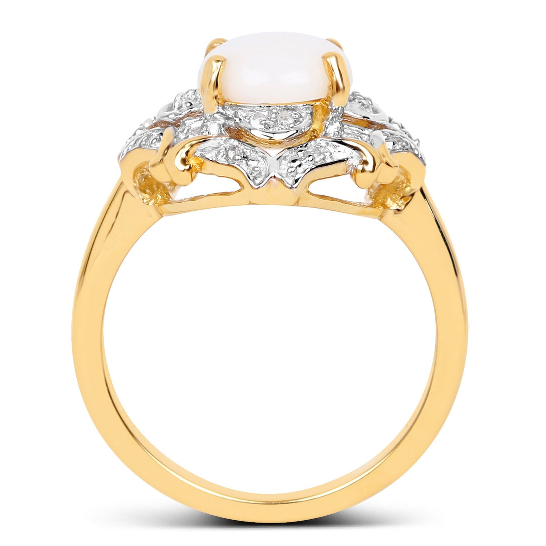 Anillo de plata de ley .925 chapado en oro amarillo de 14 quilates con ópalo auténtico y topacio blanco de 1,40 quilates