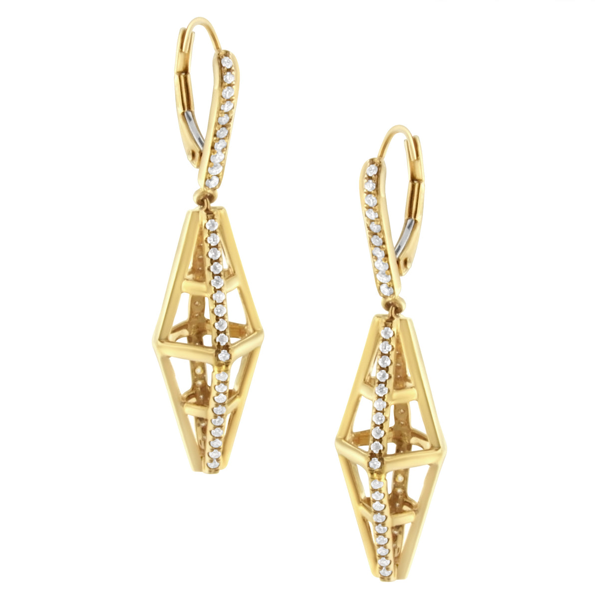 Pendientes largos colgantes geométricos de pilar con diamantes de 5/8 Cttw en oro amarillo de 14K (color G-H, claridad SI1-SI2)
