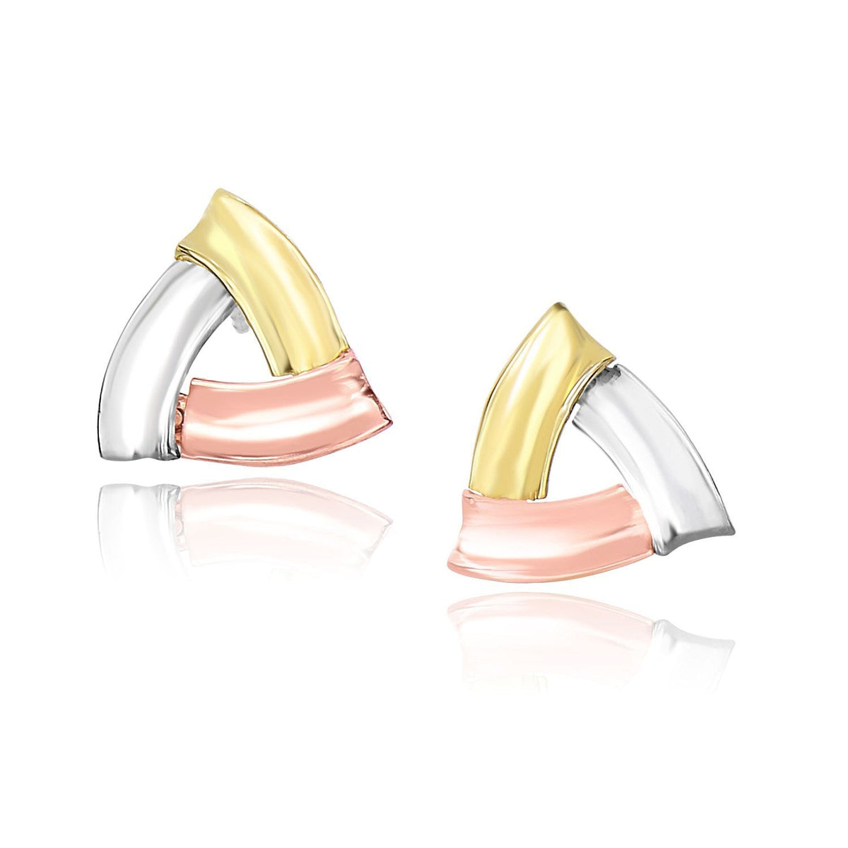 Pendientes de poste abiertos triangulares de oro tricolor de 14k