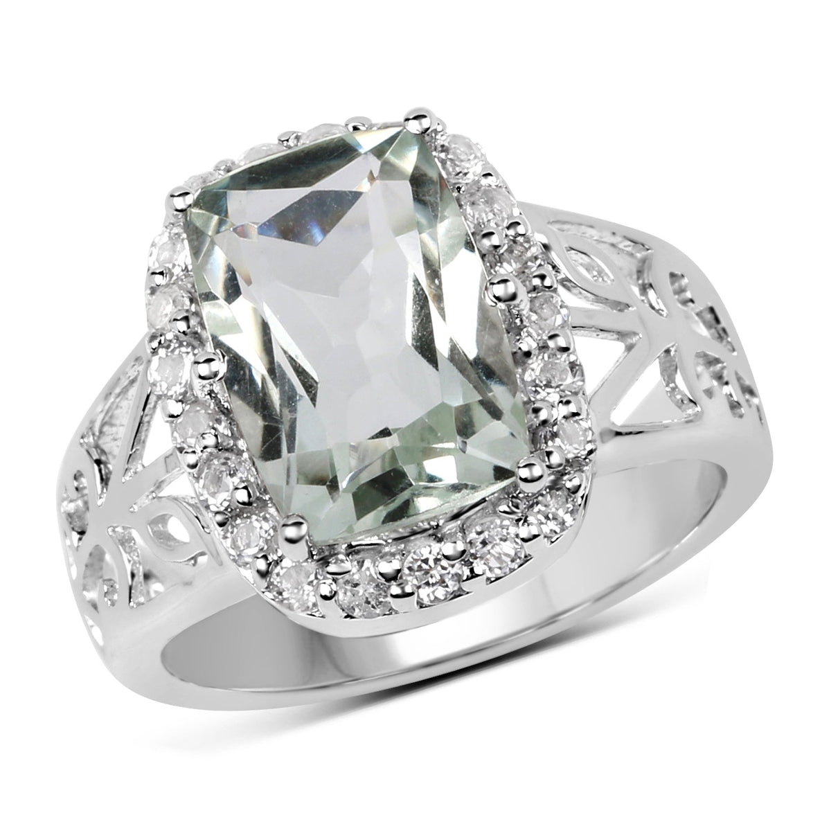 Anillo de plata de ley .925 con amatista verde genuina de 3.94 quilates y topacio blanco