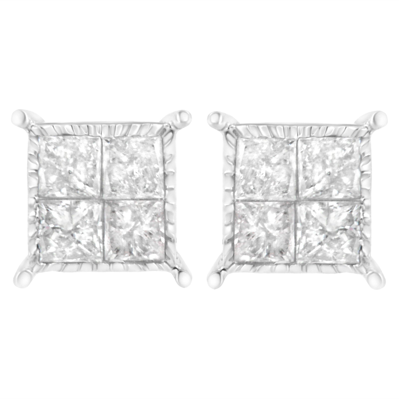 Pendientes de botón de plata de ley con diamantes compuestos de 0,75 quilates en total (I-J, I2-I3)