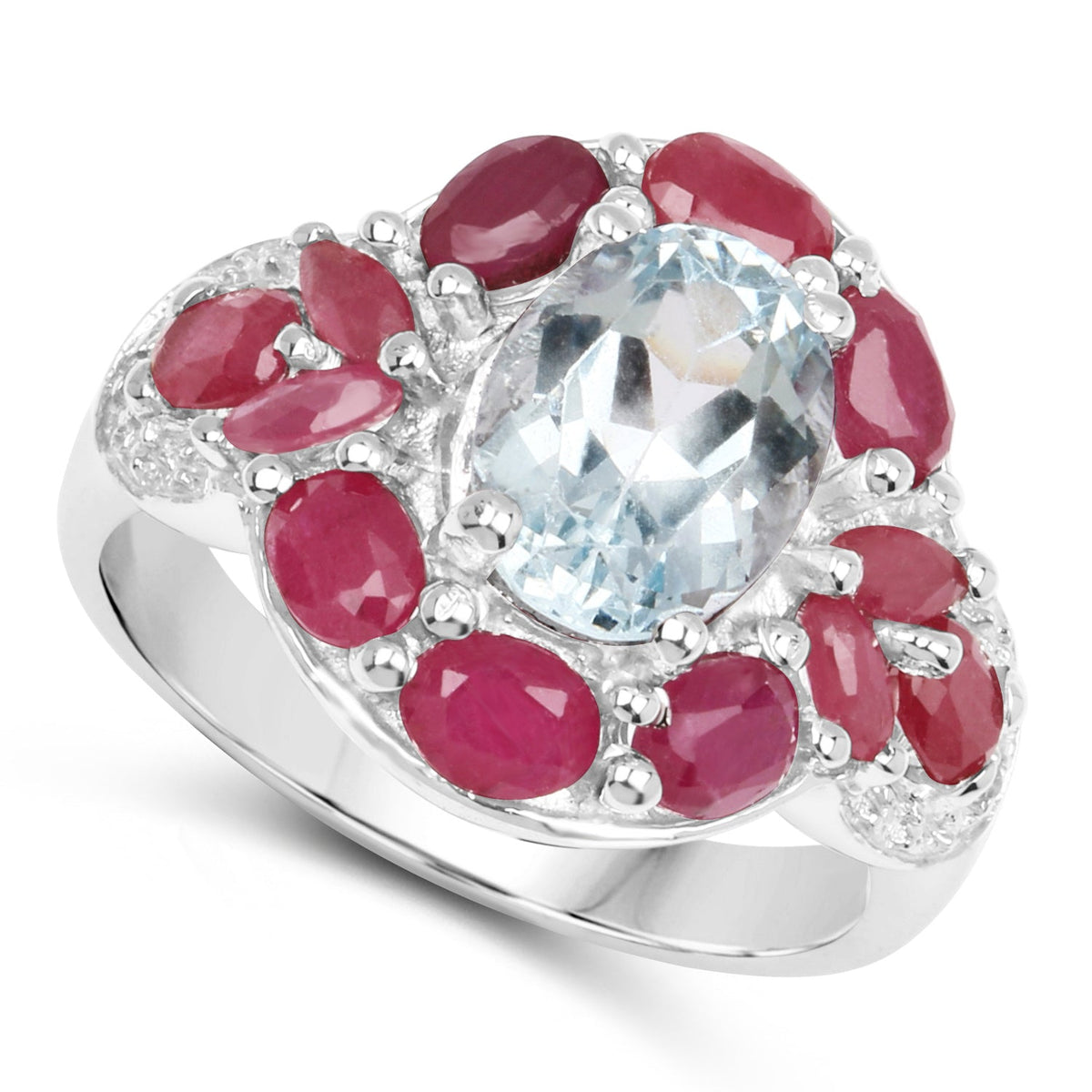 Anillo de plata de ley .925 con aguamarina, rubí y topacio blanco genuinos de 3.54 quilates