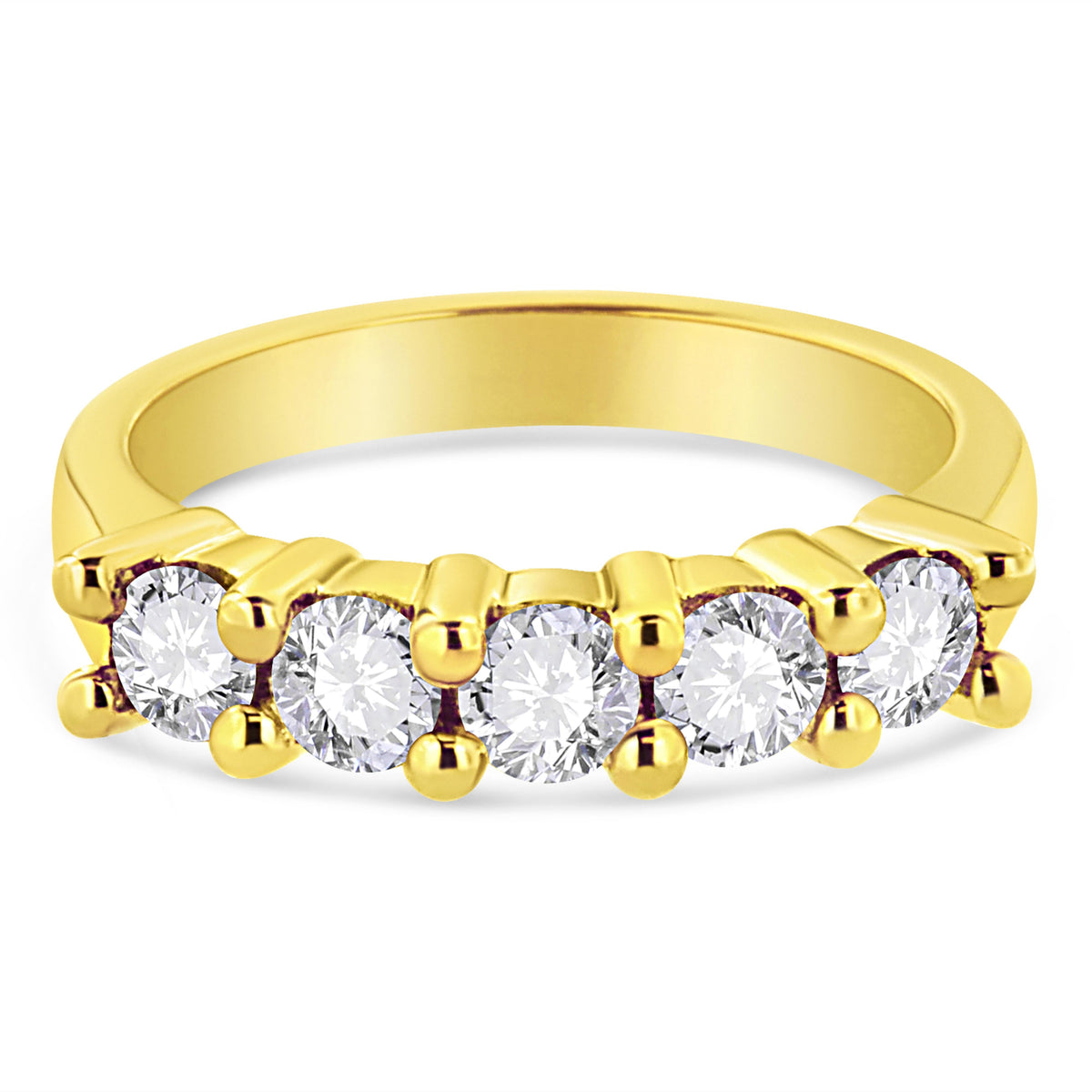 Anillo de banda de 5 piedras de plata de ley .925 chapado en oro amarillo de 14K con diamante redondo de 1.0 Cttw engarzado en garras compartidas (Color J-K, Claridad I1-I2) - Talla 7