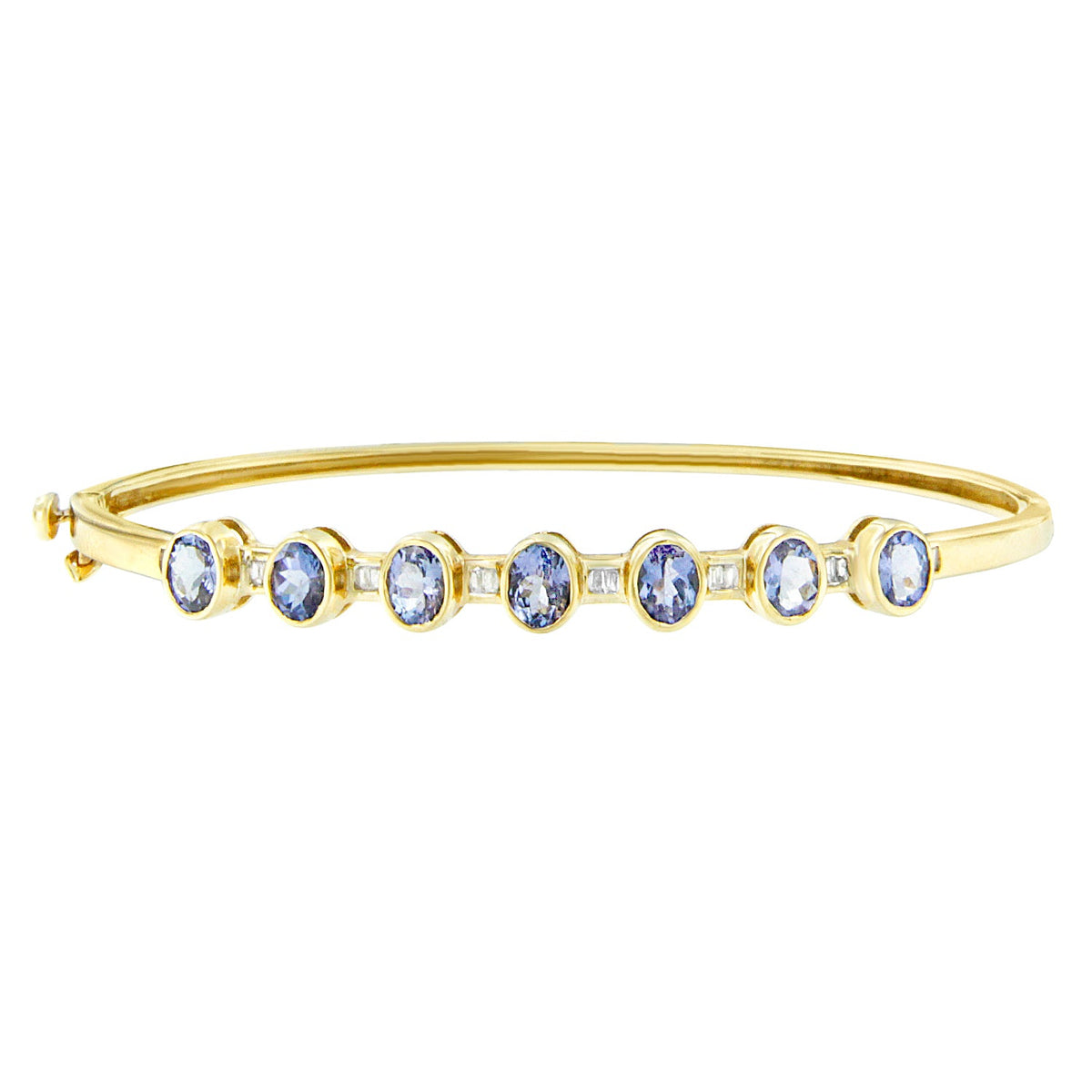 Pulsera esclava de oro amarillo de 14K con tanzanita ovalada de 5MM engastada en bisel alterno y diamantes de 1/5 Cttw (Color H-I, Claridad VS2-SI1) - Se adapta a muñecas de hasta 7.25 pulgadas