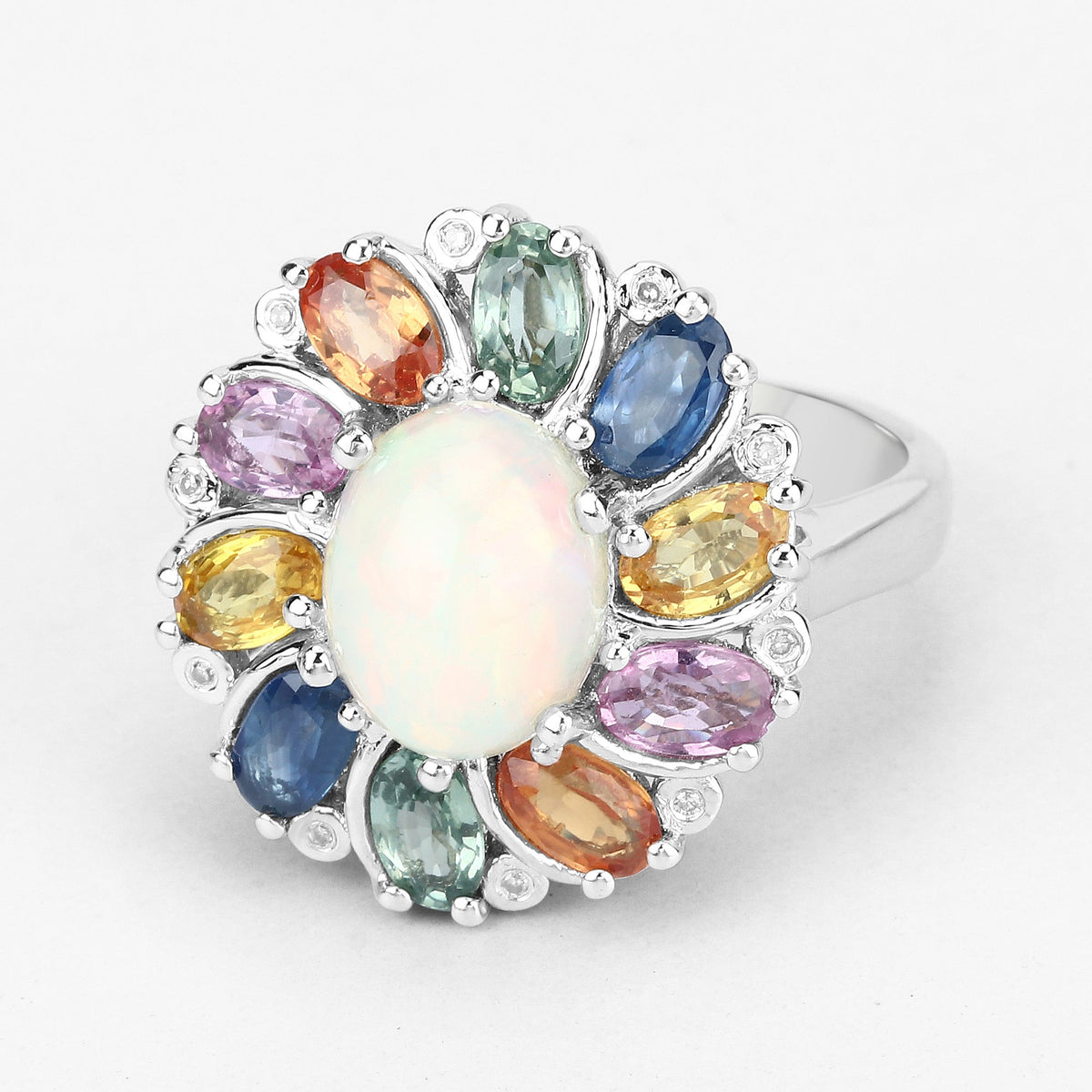 Anillo de plata de ley .925 con ópalo etíope genuino de 3.92 quilates, zafiro multicolor y diamantes blancos