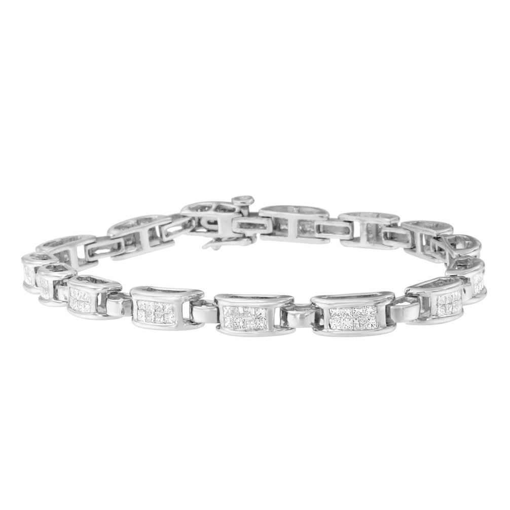 Pulsera de eslabones rectangulares de oro blanco de 14 quilates con diamantes engastados invisibles talla princesa de 2,0 quilates en total (color I-J, claridad I1-I2) - 7,25"