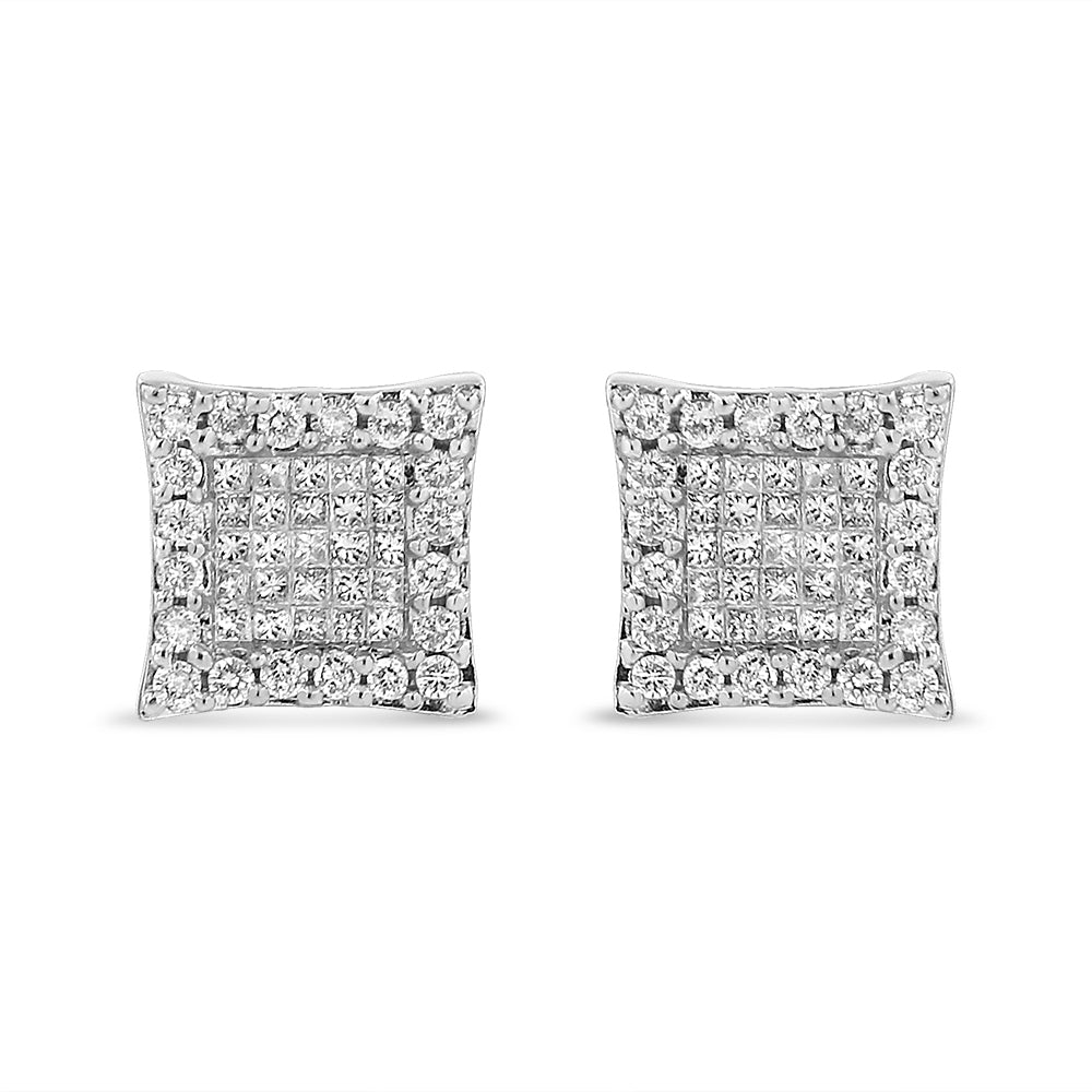 Pendientes de tuerca cuadrados de oro blanco de 14 quilates con diamantes talla princesa y redonda de 1,00 quilates (color G-H, claridad SI1-SI2)