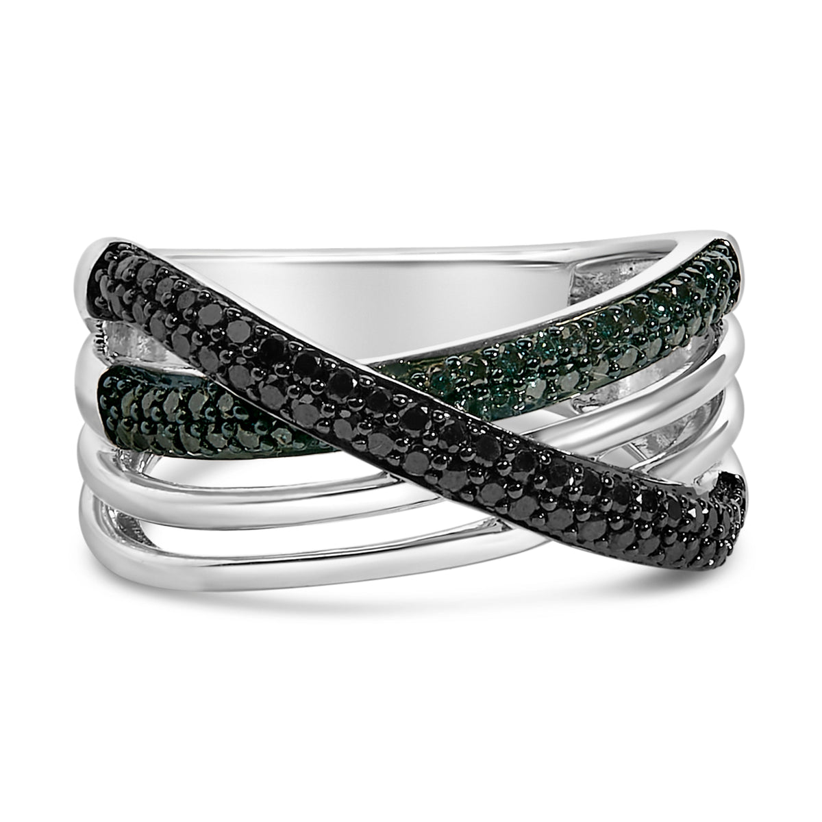 Anillo cruzado de plata de ley de 1/2 quilate de diamante negro y azul