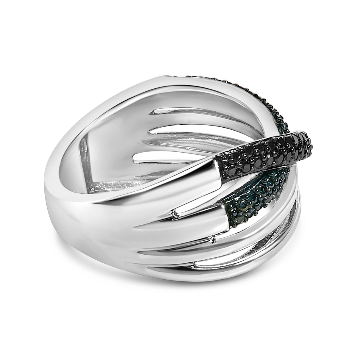 Anillo cruzado de plata de ley de 1/2 quilate de diamante negro y azul