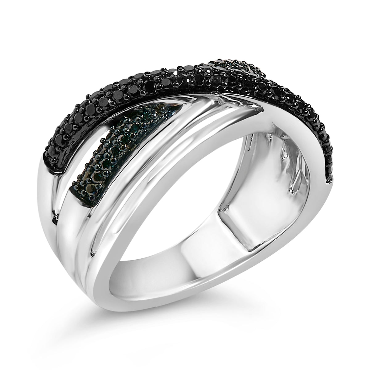 Anillo cruzado de plata de ley de 1/2 quilate de diamante negro y azul