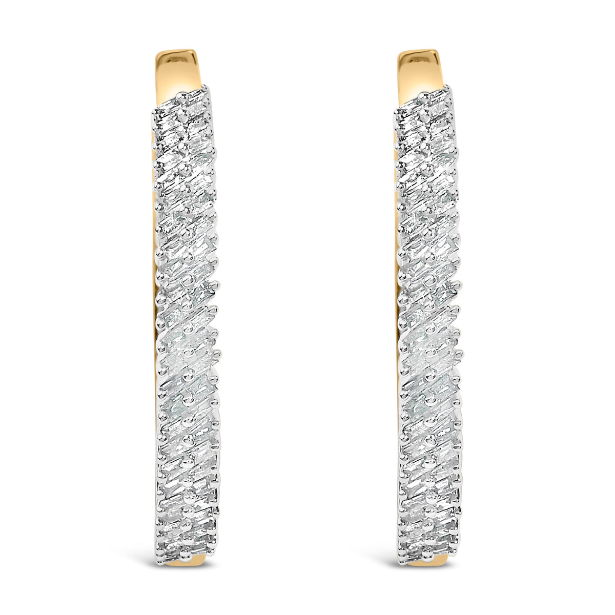 Pendientes de aro de oro amarillo de 14 quilates con baño de plata esterlina .925 y diamantes baguette de 1,0 quilates