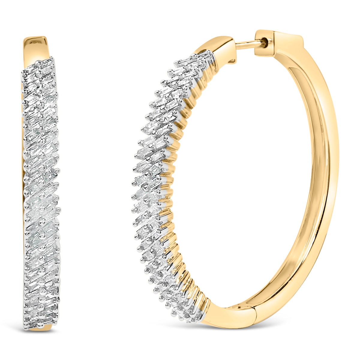 Pendientes de aro de oro amarillo de 14 quilates con baño de plata esterlina .925 y diamantes baguette de 1,0 quilates