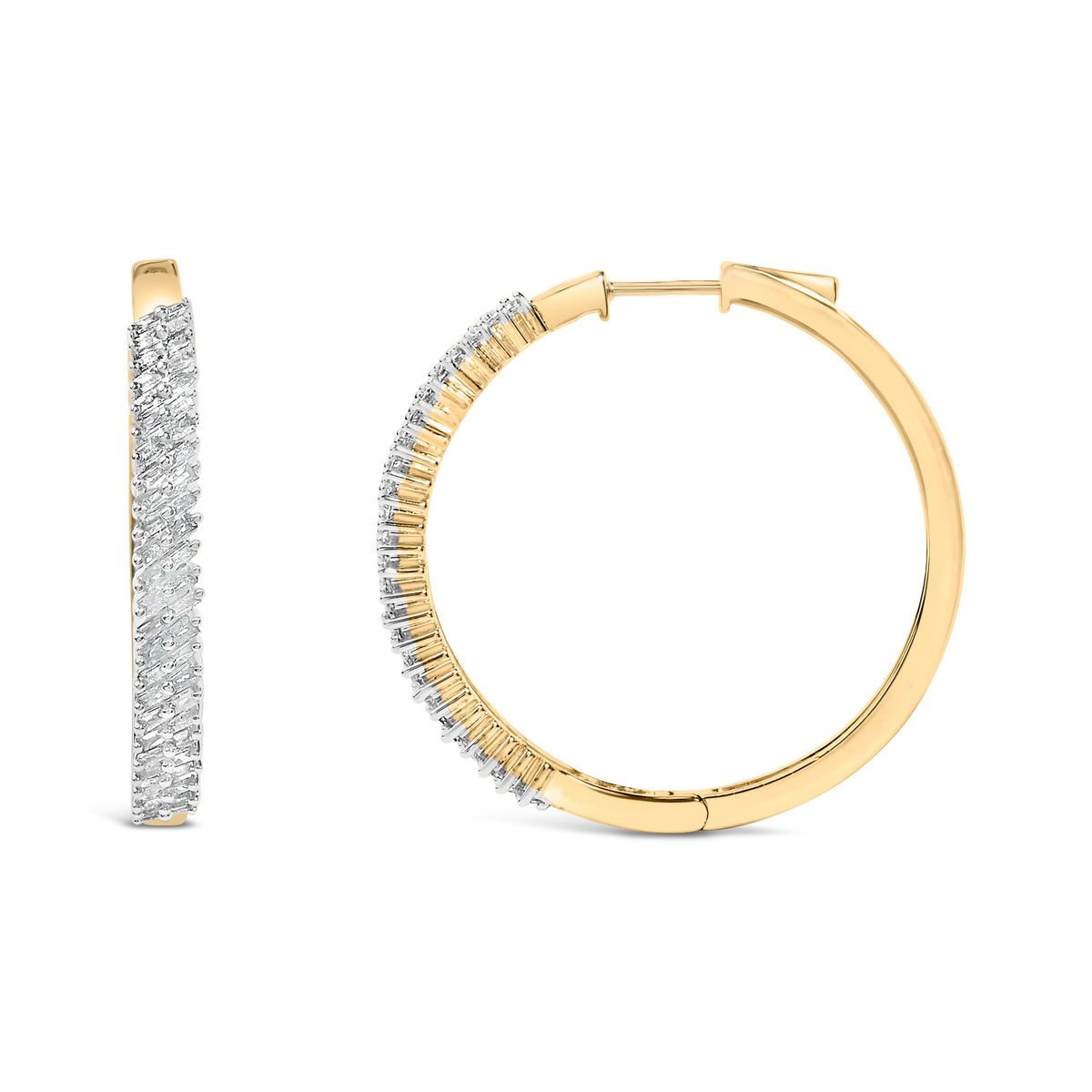 Pendientes de aro de oro amarillo de 14 quilates con baño de plata esterlina .925 y diamantes baguette de 1,0 quilates